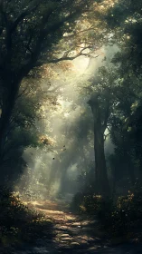 Sunlit Forest Path Through Ancient Woods.