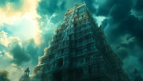 Ancient stone temple tower under storm-lit emerald sky.