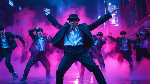 Street dancers command neon-lit alley with powerful moves.