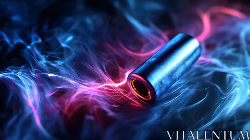 Futuristic Battery Cylinder with Neon Energy and Smoky Effects.