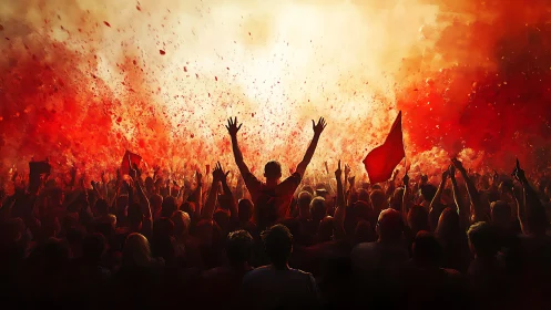 Red-lit crowd celebration under explosive confetti burst.