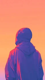 Backlit hooded figure in magenta jacket under gradient sunset sky