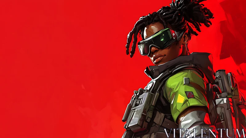 Bold sci fi hero stands ready in bright red battlefield