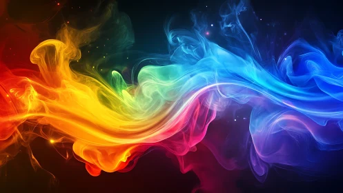 Dancing rainbow smoke weaving light across the dark sky.