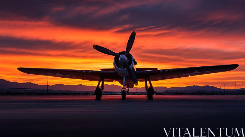 Propeller aircraft on runway against vivid sunset sky.