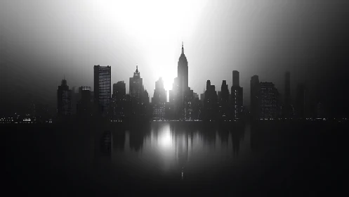 Monochrome city skyline glows through dramatic backlight.