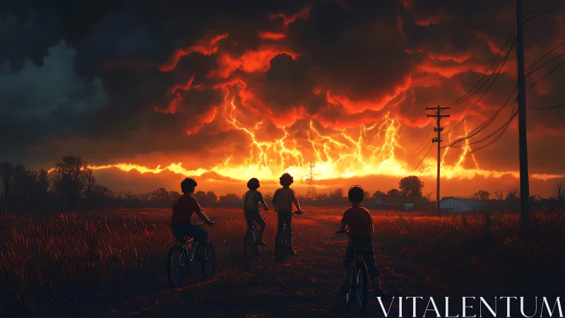 Children on bicycles study apocalyptic stormfront at sunset