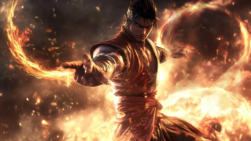 Martial artist generating controlled circular fire forms.