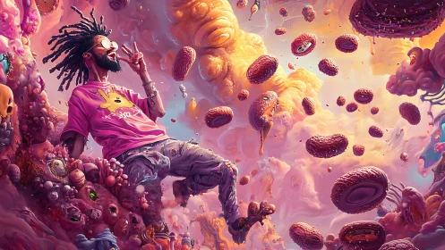 Surreal candy-cloud landscape with floating man in stylized streetwear