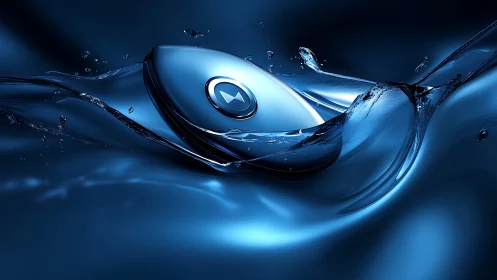 Futuristic metallic device suspended in fluidic blue waves.
