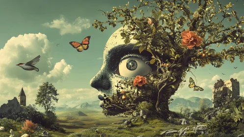 Arboreal visage landscape with biomorphic surreal eye integration.