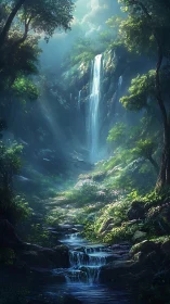 Ethereal Jungle Waterfall Framed by Verdant Canopy and Luminous Sky