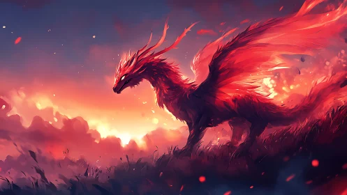 Fiery crimson dragon strides through blazing dusk sky.