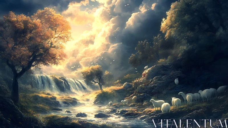 Sheep graze by a waterfall under dramatic glowing clouds