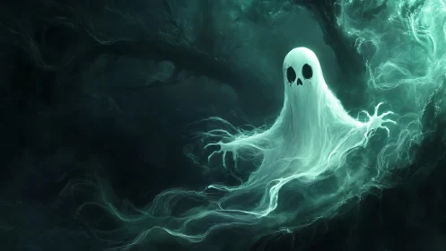 Gloomlit ghost drifts through tangled midnight mist. Period.