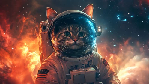Cosmic astronaut cat drifts through fiery nebula skies