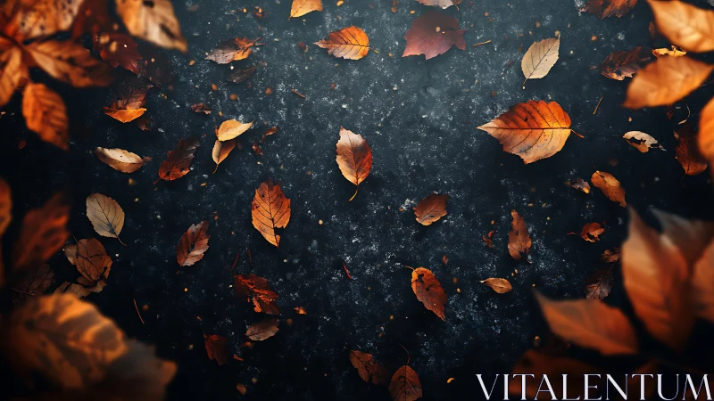 Golden autumn leaves drifting gently across dark ground.