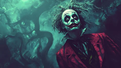 Clown-like figure in red suit stands before abstract tendrils