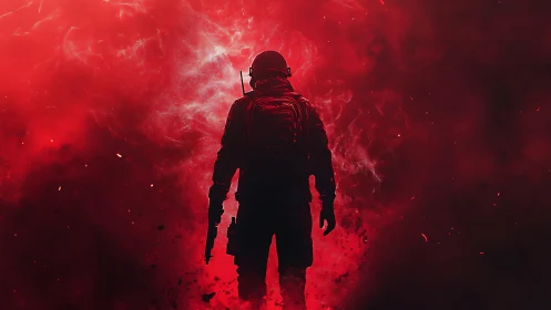 Tactical operator silhouette in red nebular combat haze.