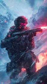 Armored soldier with energy rifle in icy mountain terrain.