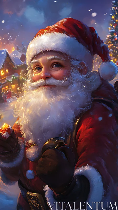 Snowlit Santa stroll under cozy Christmas village glow.