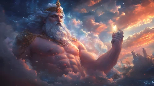 Colossal bearded sky deity figure amid clouds and cityscape.