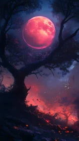 Luminous crimson moon over enchanted nocturnal forestscape.