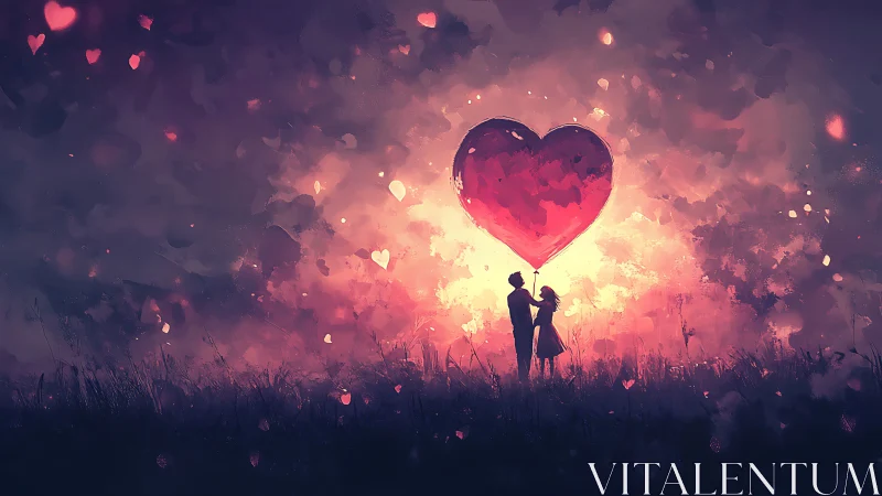 Silhouetted Couple Beneath Luminous Heart Balloon in Atmospheric Landscape