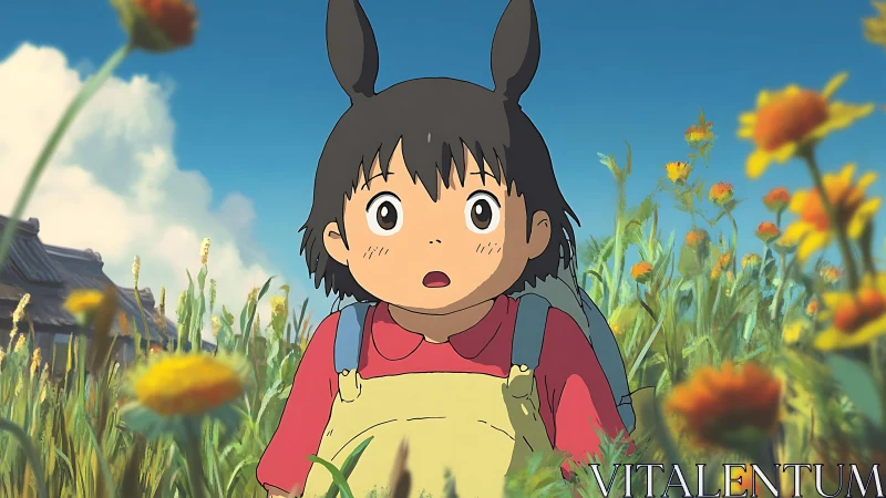 Surprised child in overalls standing in tall flower field.