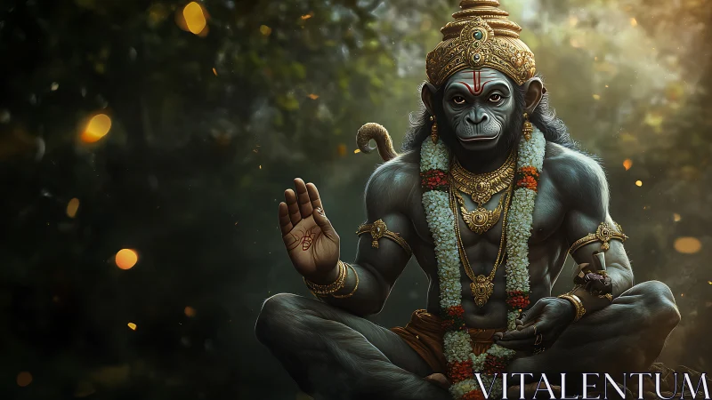 Hyperreal simian deity in meditative forest scene with garlands