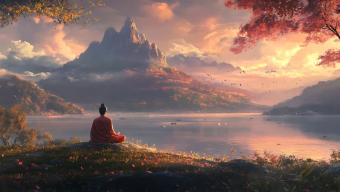 Monk meditates beside tranquil lake at glowing sunset.