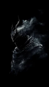 Volumetric wraith knight emerging from particulate shadowfield.