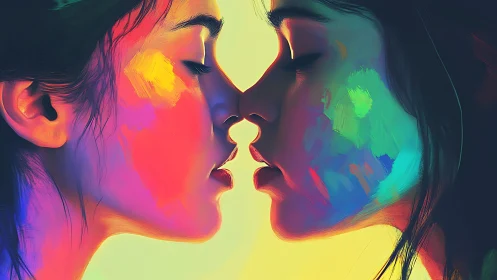 Two mirrored female profiles nearly touching with vivid colors