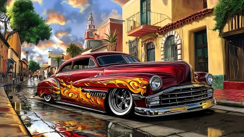 Lowrider coupe with chrome and flame livery in colonial street.