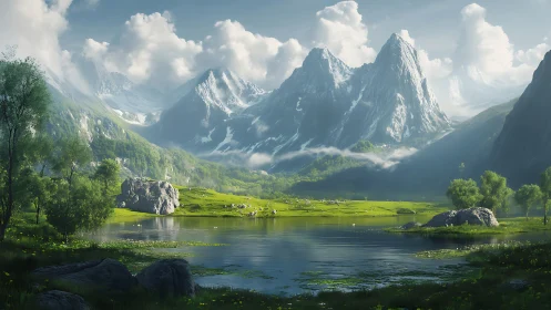 Snowcapped mountains above serene reflective valley lake.