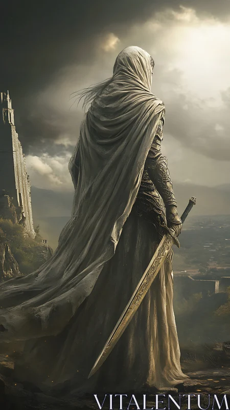 Hooded knight stands over misty valley holding engraved sword