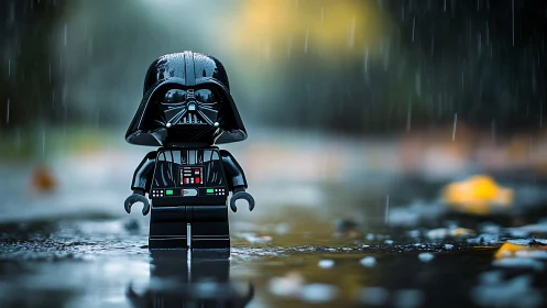 Lego figure stands on wet reflective ground during rainfall