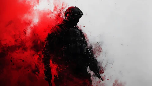 Tactical soldier silhouette dissolves into red and white haze