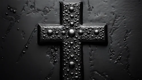 Textured black cross with gentle light and reflective depth.