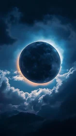 Lunar eclipse sphere framed by luminous nocturnal clouds.
