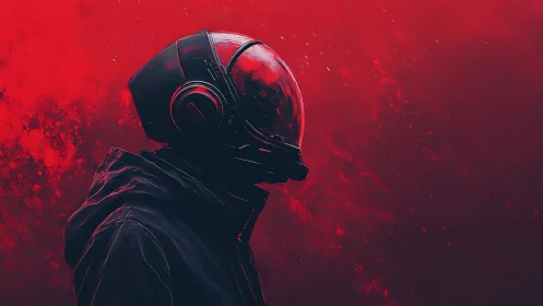 Solitary space wanderer pauses in a glowing crimson haze