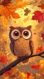 Cartoon owl with large eyes sits on branch amid autumn leaves