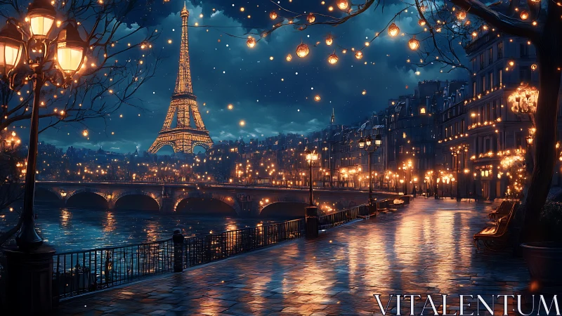 Romantic Paris riverside under glowing night lights.