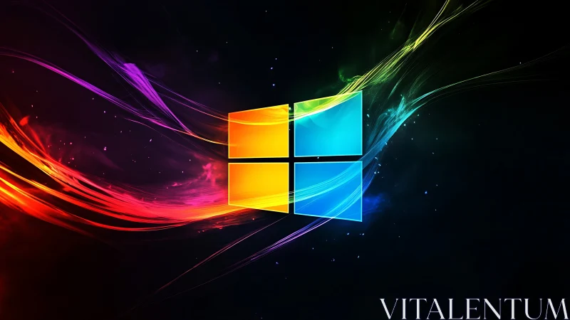 Windows logo on dark space background with neon light trails.