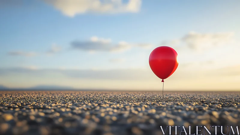 Red balloon on desolate pebbled landscape at sunrise.