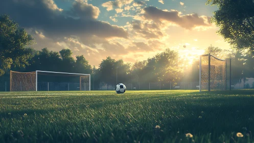 Sunlit soccer field with empty goals and single ball.