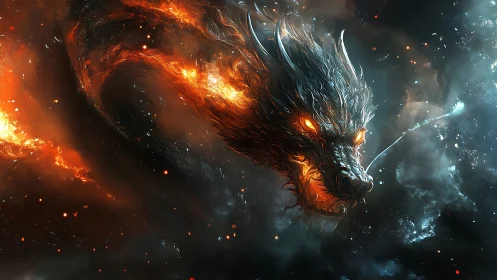 Fiery cosmic dragon head emerging through dark nebulae.