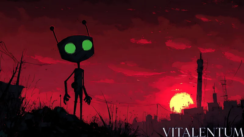 Neon-eyed dusk robot watching a burning crimson skyline.