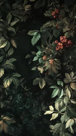 Dark botanical foliage with muted leaves and red blooms.