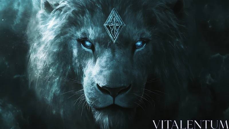 Mystic blue-eyed lion rendered in monochrome digital painting